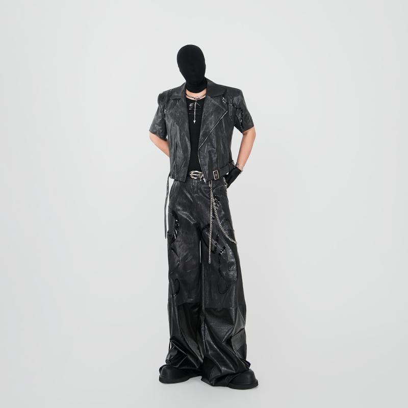 高級感 ダーク コーティングデニム 個性的 ユニーク セットアップ スーツ メンズ 半袖 おしゃれ パンク 肩パッド入り ジャケット ワイドレッグ ズボン|ラ・グラーヌ