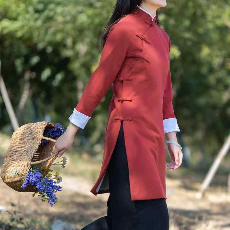 レディース トップス ロング丈 チャイナ風 大きいサイズ 九分袖 チュニックワンピース 中華スタイル 立ち襟 スタンドカラー サイドスリット 中華風ボタン プレートバックル 斜め クロス合わせ 赤 黒