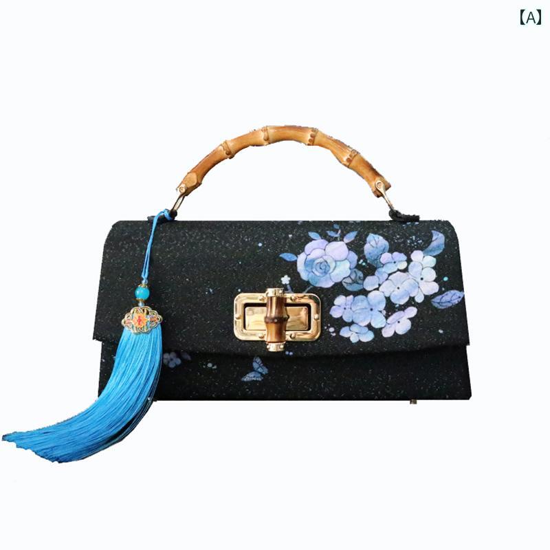 パーティー バッグ チャイナ風 シルクタッチ ハンドバッグ 高級感 ドレス小物 エレガント 民族風 竹ハンドル エレガント クールビューティー ボストン型|ラ・グラーヌ