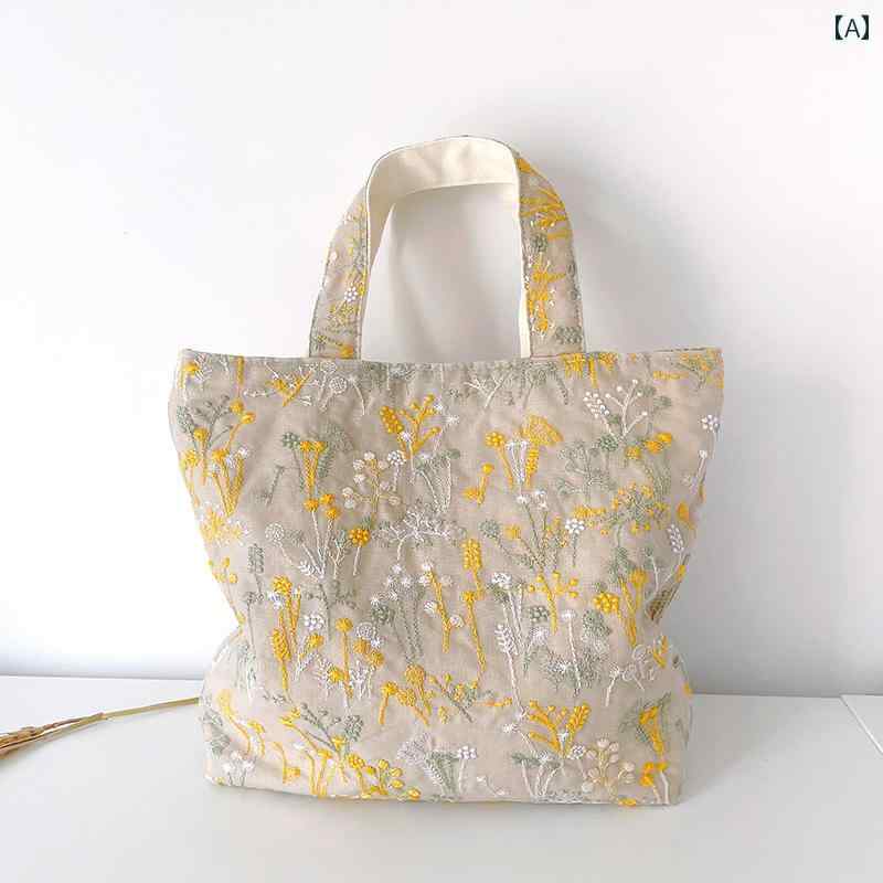 トートバッグ 刺繍 ハンドバッグ レディース キャンバス 日常使い コンパクト ワンマイルウェア ショッピング カジュアル 内ポケット ボタン付き リーフ柄