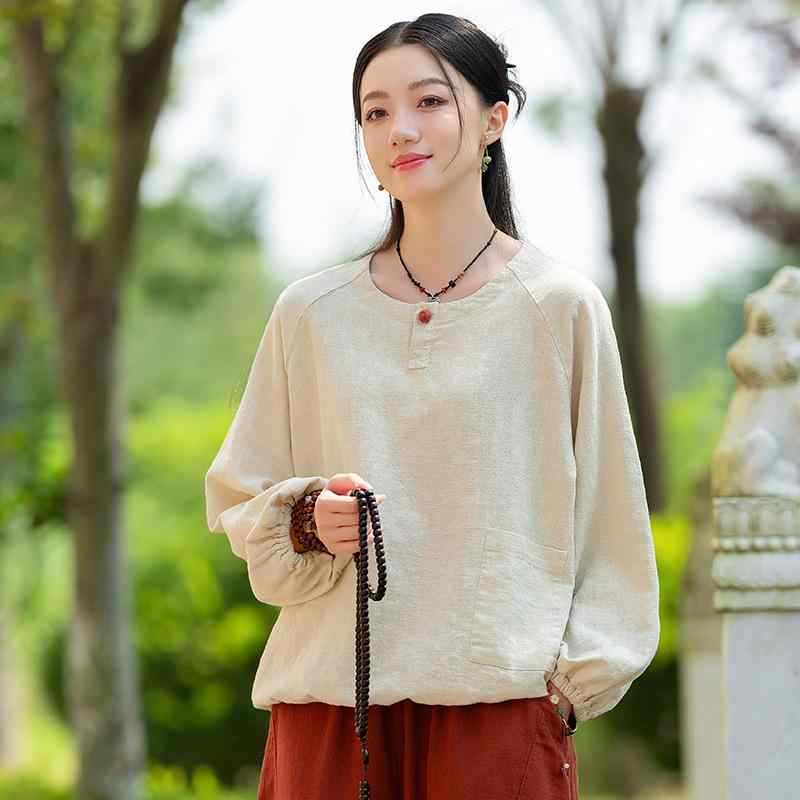 レディース シンプル 瞑想服 トップス パンツ ラウンドネック プルオーバー コットン リネン ボタン 禅 秋