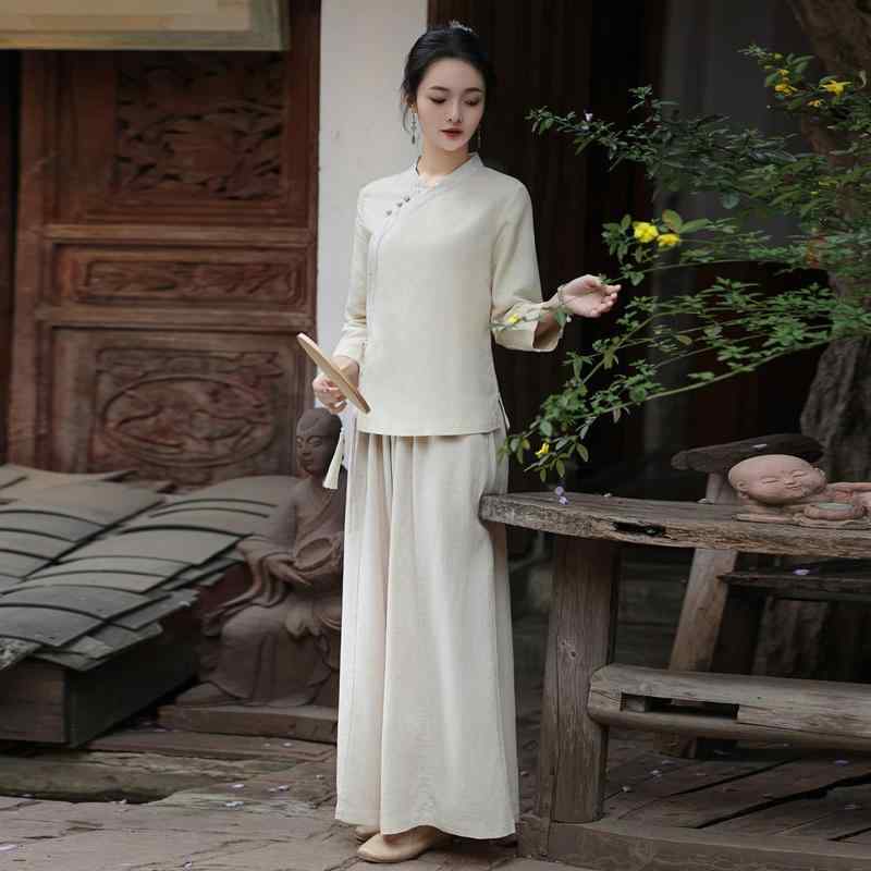 レディース 上下 セットアップ アイボリー ライトベージュ 上品 チャイナ 唐装 茶師服 中華 春秋 禅 仏教 高級 婦人服 中国 スリム お茶会 衣装