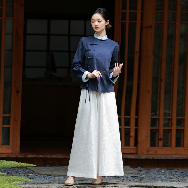 レディース 上下 セットアップ ネイビーブルー 上品 チャイナ 唐装 茶師服 中華 春 禅 仏教 高級 婦人服 中国 スリム お茶会 衣装 7,466円