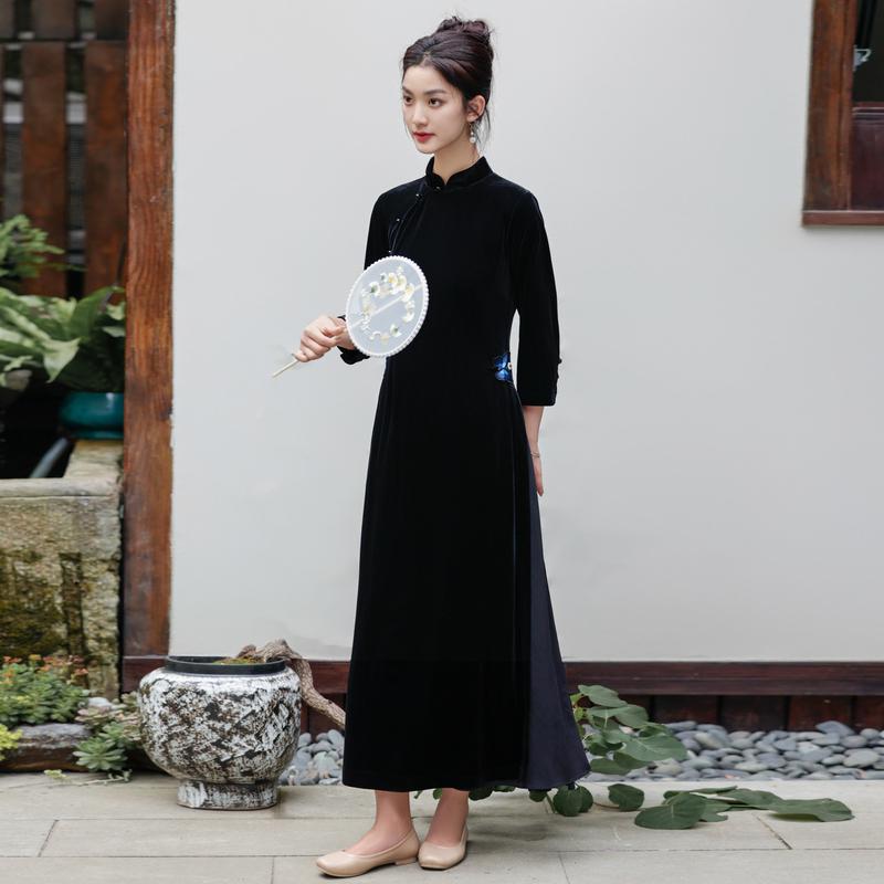 秋冬服 レディース チャイナ ドレス スタイルアップ スリム アオザイ 禅 仏教 婦人服 茶芸師 上品 ロング丈 ダーク バタフライ 刺繍