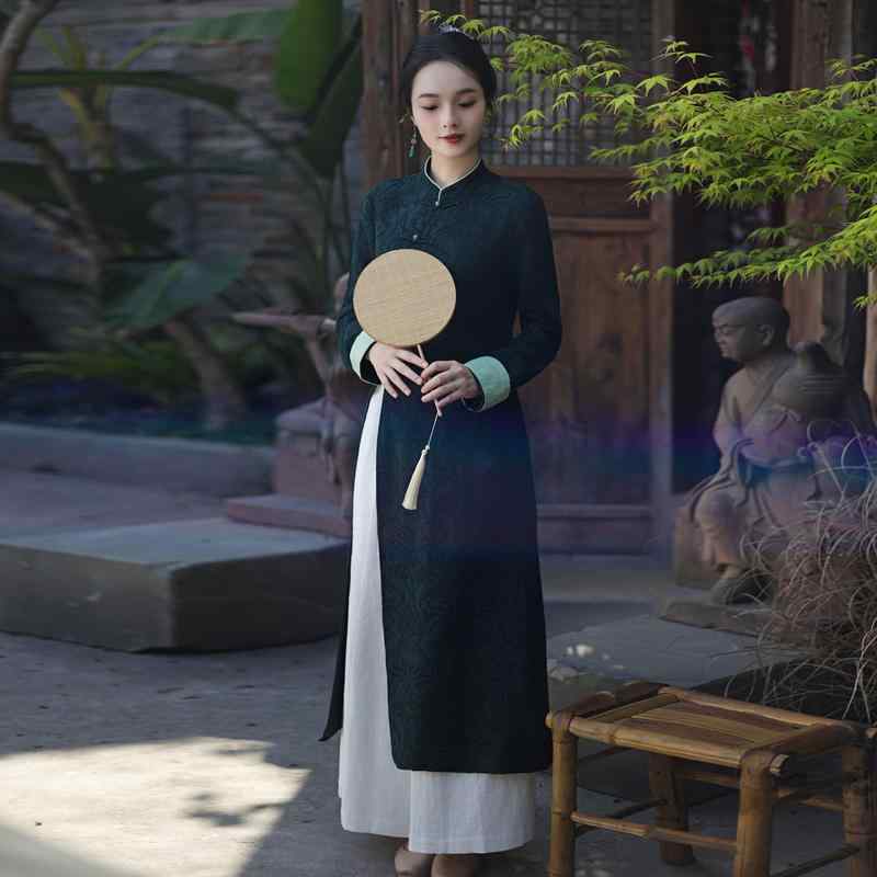 レディース チャイナドレス アオザイ ベトナム 女性服 民族衣装 スリット入り ワンピース チュニック パンツ 高級感 唐装 中国 茶師服 禅 中華 レトロ クラシック