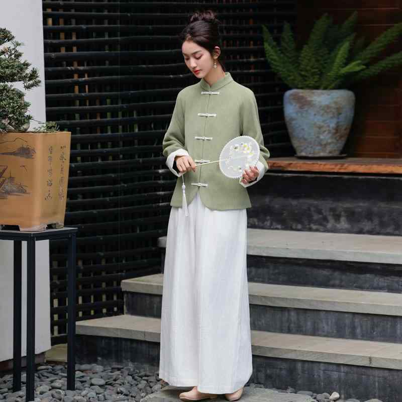 レディース 唐装 中国 秋冬服 上下仕掛ける 緑であること 窈窕たる 瀬戸もの服 禅茶師 禅 仏教徒 成人女性用 厚地の外套 飛び切り感 茶の葉会