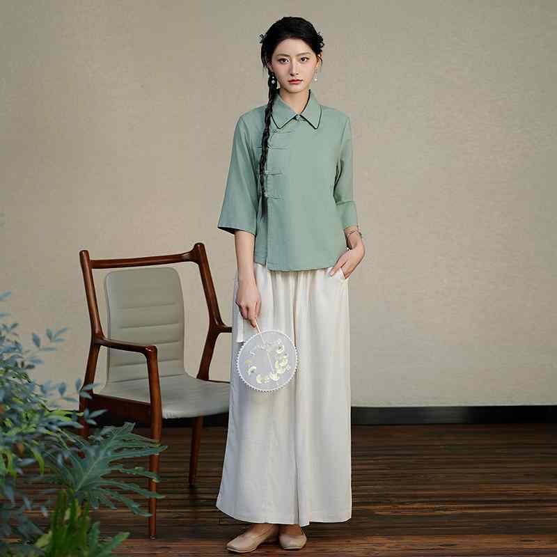 夏服 女性用 上下 セットアップ 涼し気 茶師服 上品 チャイナ 茶芸師 トップス 漢服 瞑想服 仏教徒 平服 中華 爽やか
