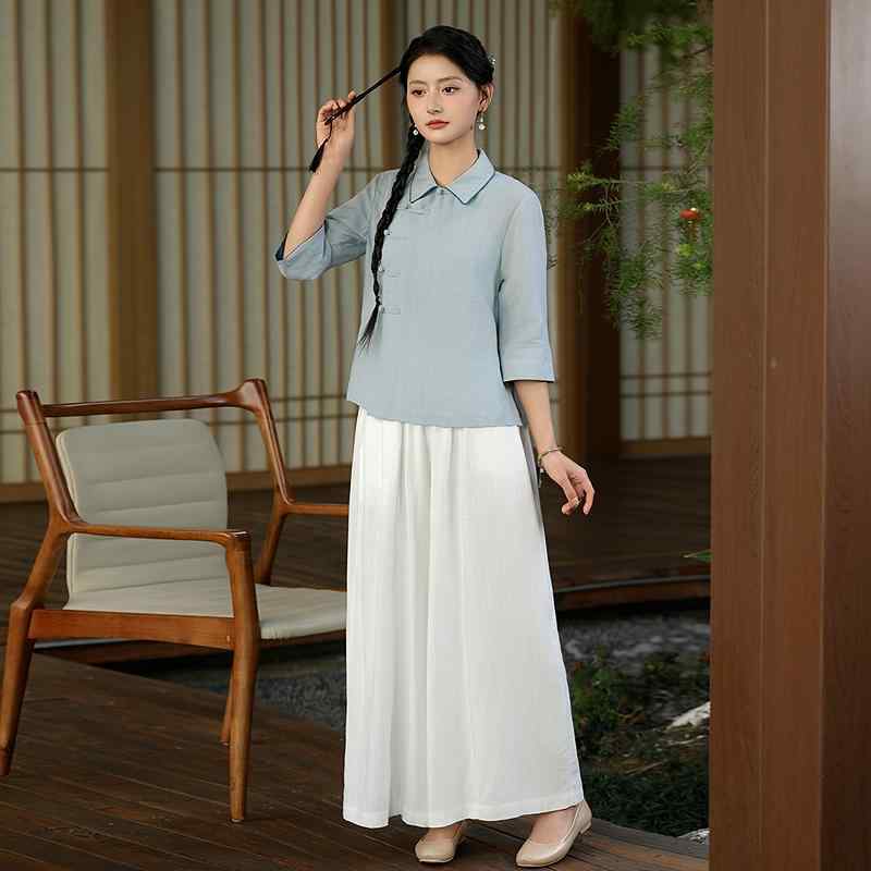 女性用 チャイナ シャツ スカート 茶師服 禅 芸術 高級 中華 中国 衣装 清楚 瞑想服 仏教 高級 エレガント 夏 爽やか