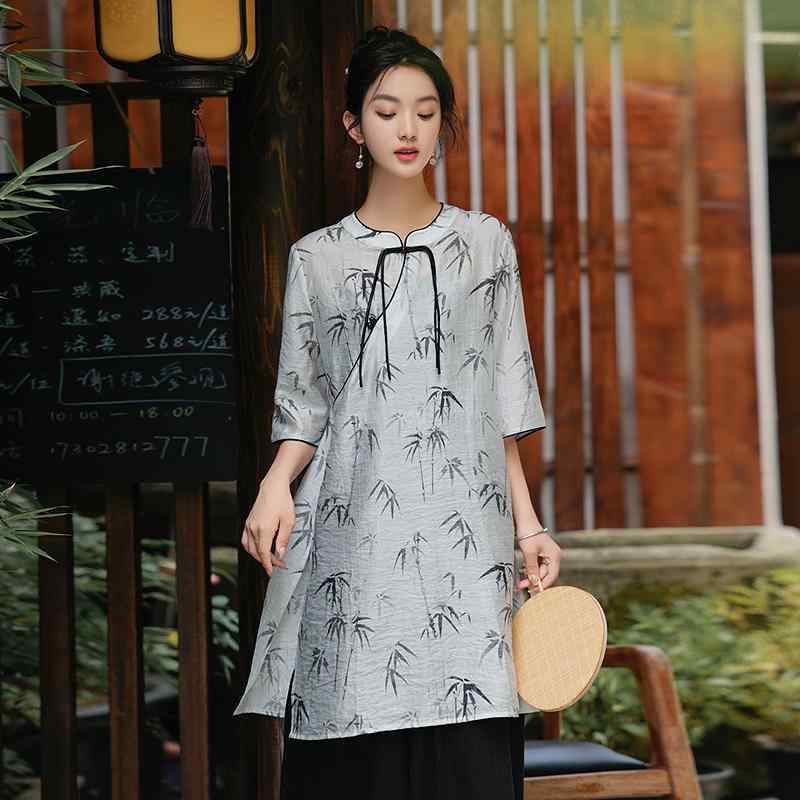 女性用 唐装 ワンピース ダーク チャイナ レトロ 高級 トップス 茶師服 禅 文様 中国 女性服 茶芸服 仏教徒 修行 瞑想服|ラ・グラーヌ