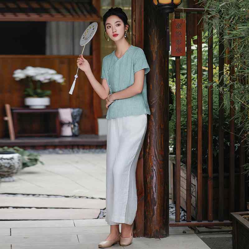 夏服 女性用 上下セット 涼し気 茶師服 上品 チャイナ 茶芸師 トップス 漢服 瞑想服 仏教徒 平服 中華 爽やか｜ラ・グラーヌ