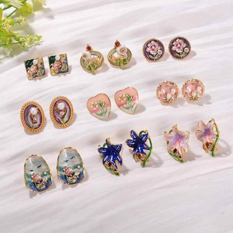 レディース フレンチ フラワー 油絵 エナメル ピアス ガーリー レトロ シンプル アクセサリー 軽量 おしゃれ