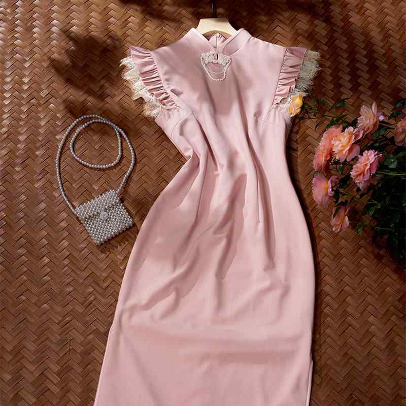 チャイナドレス レディース チャイナ風 美しい ピンク フリル袖 ロングドレス 上品 女性らしい 魅力 洗練 斜めラペル 低いスリット ロングスカート ファスナー付き