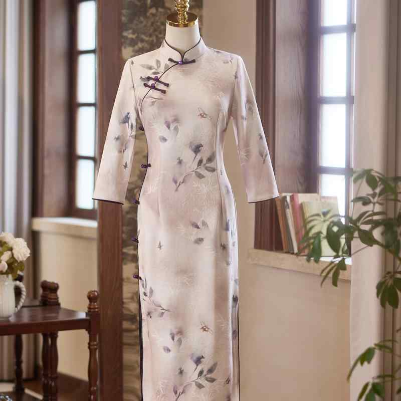 レディース ファッション 若見え チャイナドレス エレガント 美しい レトロ スタイル 長袖 秋コーデ 上品 モダン 優雅 カジュアル スリムフィット 小柄