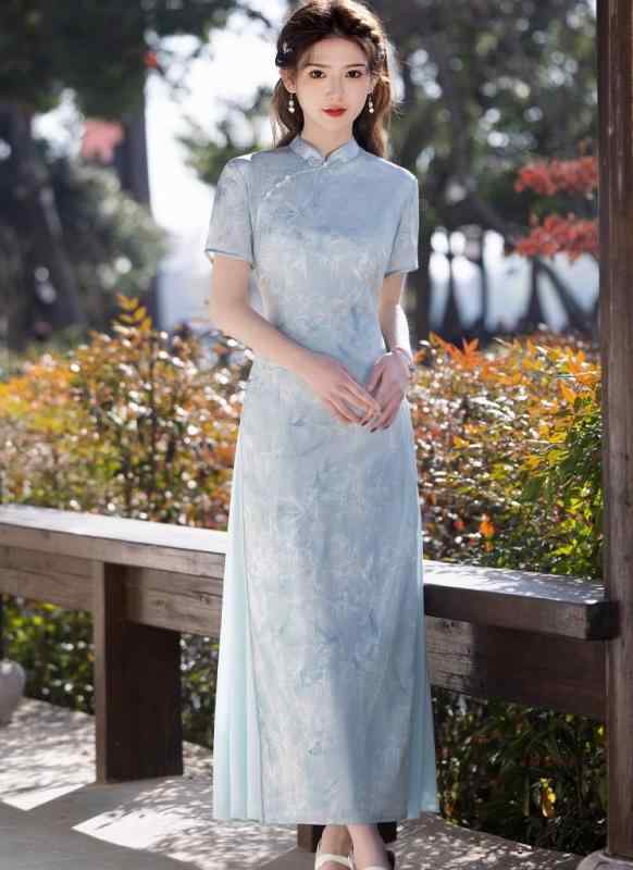 青 アオザイ 瀬戸ものお召しもの レディース 流行り物 夏コーデ 若押し出し レトロ お祝い 雅びやか 雅びやか 心地よい ロング丈 今めかしい 華燭の典 涼感 ドレス-レディースファッション