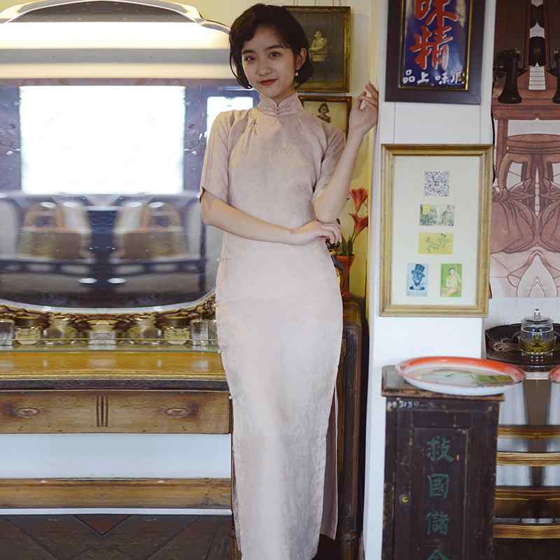 チャイナ ドレス レディース 春夏 七分袖 フル フロント ロング レトロ デイリー ジャカード シルク 翡翠