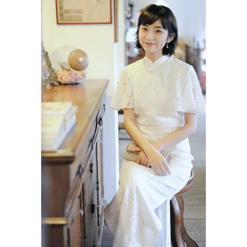 チャイナ ドレス レディース 春夏 フリル スリーブ サイド ジッパー ロング レトロ ホワイト レース