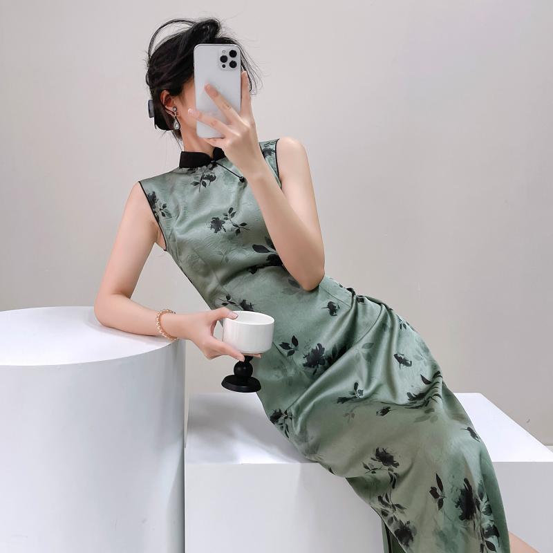 瀬戸もの 御召しもの レディース 緑であること ノースリーブ 分かりやすい レトロ 中華風 今めかしい 衣装