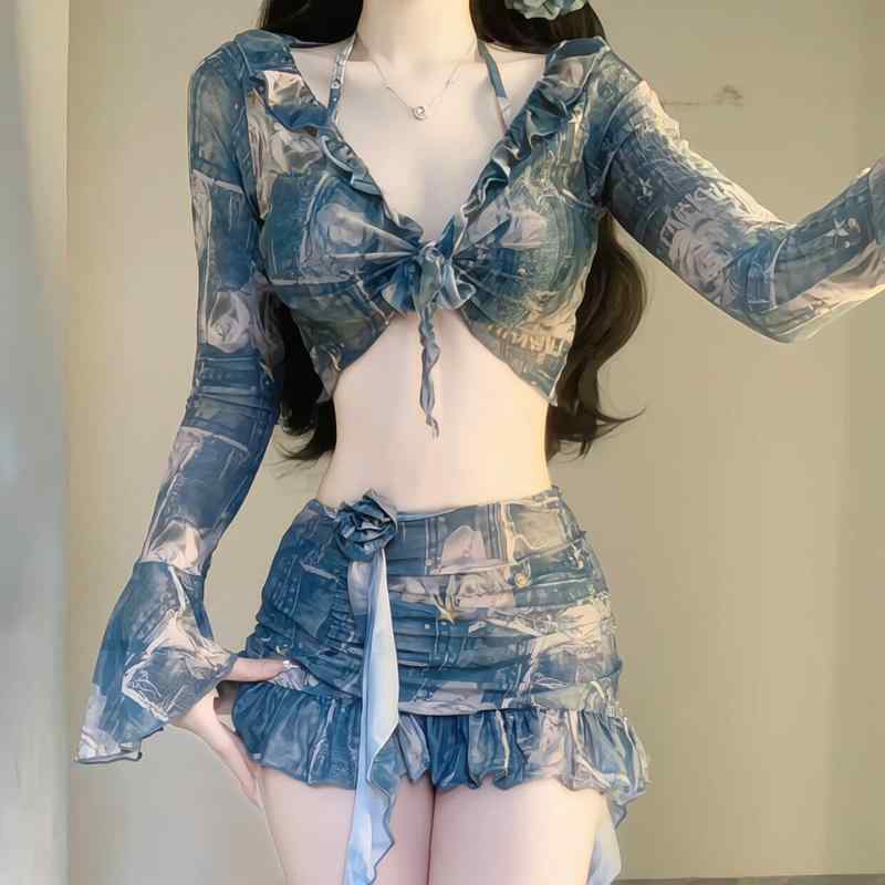 セパレート 水着 レディース エレガント バカンス 女性 ビーチ リゾート セクシー バケーション 高級感 ナイトプール デニムブルー ブラウス 海 セクシー 日焼け防止