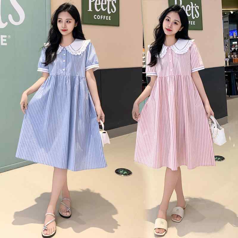 ワンピース 妊婦向け 夏服 半袖 ドールカラー ガーリー ミドル丈 ストライプ サマードレス 軽量 伸縮性 清涼感 大きいサイズ マタニティ エレガント ゆったり