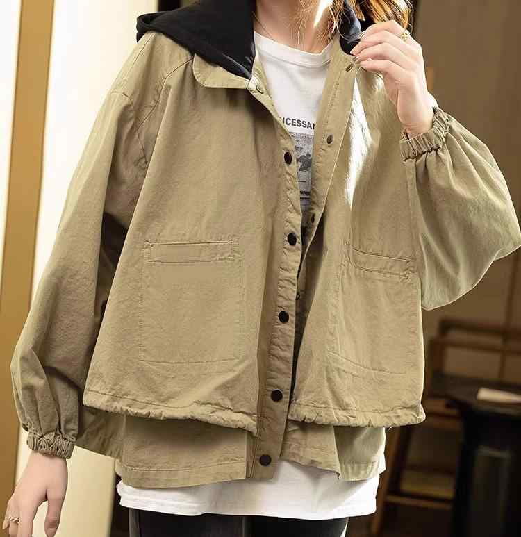 レディース 上衣 アウター ボンネット付き添い人 烏兎 遊撃手 心地好い 韓国表現スタイル 馬鹿でかい大きさ 細工物上衣 分かりやすい シングル前胸部 ２色使い走り カーキ 赤銅色 黒 裾二重 流行り