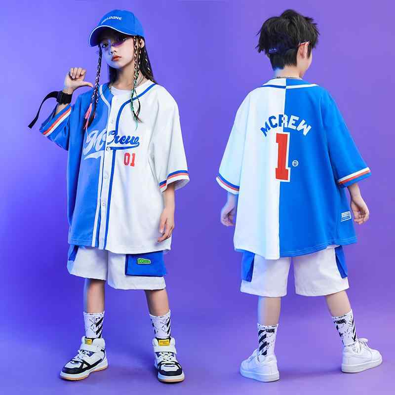ダンス衣装 半袖シャツ 上下セット パフォーマンス ヒップホップ ストリート ステージ 白青 クラブ キッズ ジュニア お揃い スポーティー 爽やか