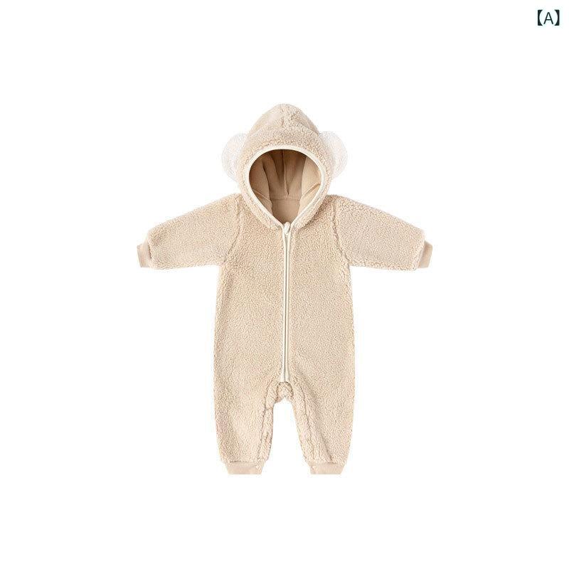 ロンパース ベビー 新生児 赤ちゃん 秋冬 冬物 防寒 保温 あったか もこもこ フリース ジップアップ アウター 長袖 フード付き 男女兼用 カバーオール つなぎ ポリエステル ベージュ オフホワイト