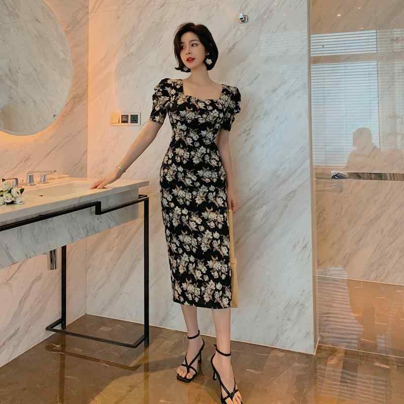 夏 レディース レトロ 雅びやか 御花 花柄 色っぽい 寄り合い 会う約束 晩さん会 御前上等感 フレンチ 真四角のど首 フォーマル 雅びやか 御召しもの 今めかしい 黒