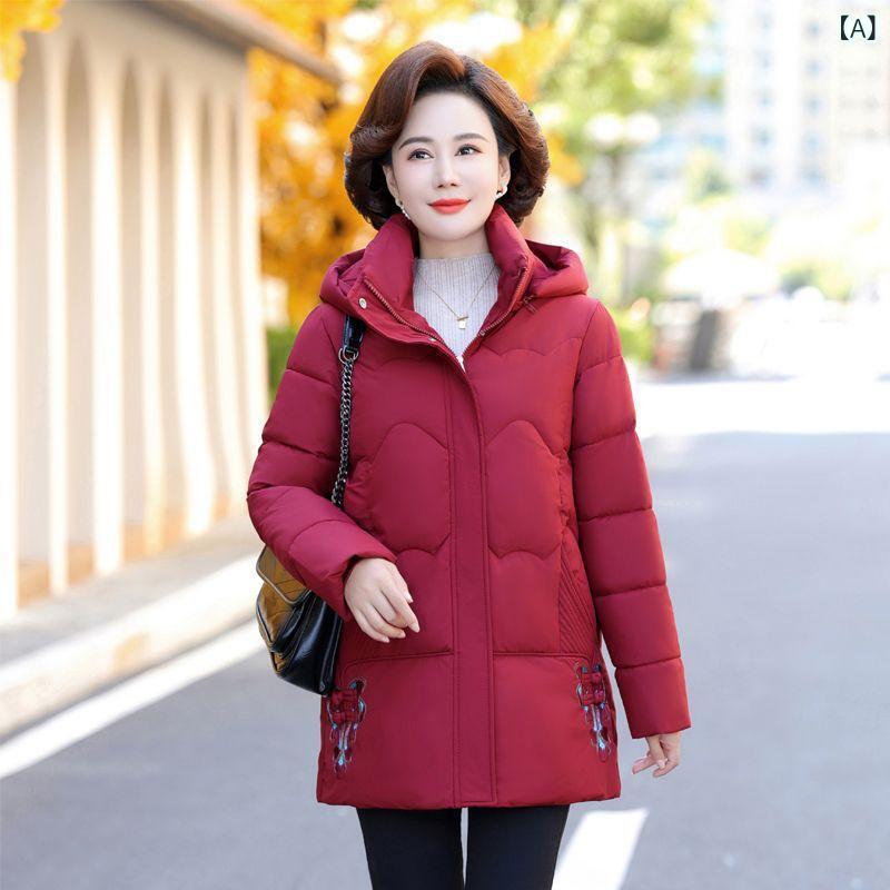 コート ミセス 女性用 裏起毛 厚手 あったか 防寒 保温 ミドル丈 フード付き 長袖 ジップアップ 刺繍 中綿ジャケット アウター ジャンパー スリムフィット 上品 通勤 お出かけ 秋冬