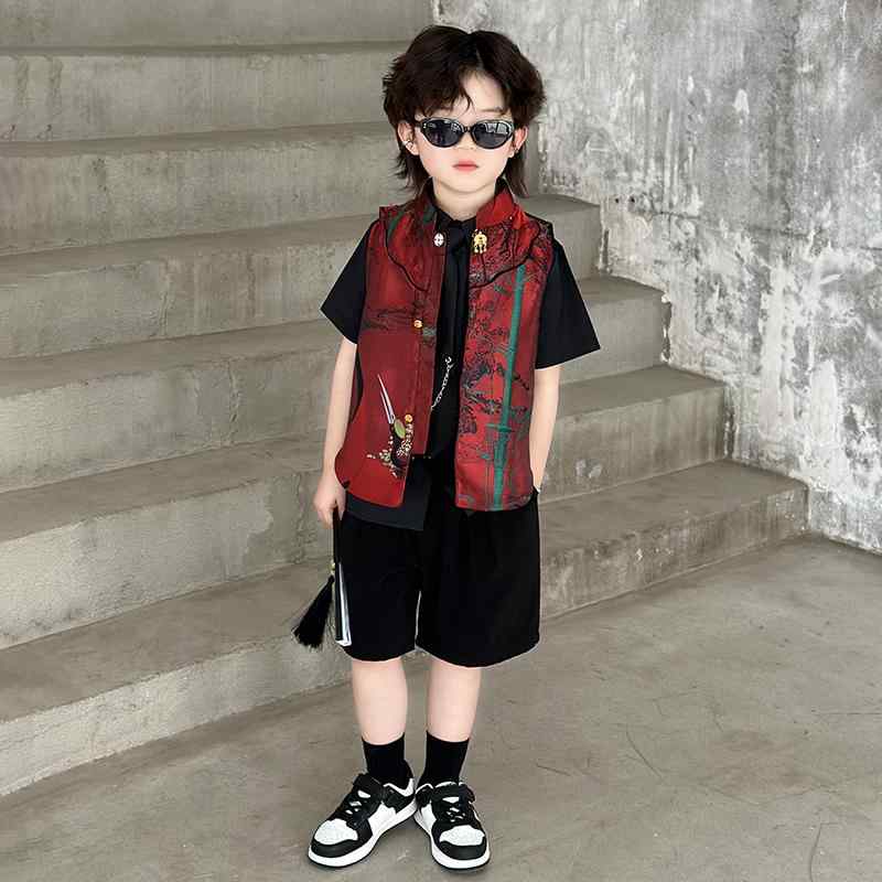 キッズ セットアップ 漢服 男の子 チャイナ風 ベスト Tシャツ ショート パンツ 夏 子供 唐装 レトロ 幼稚園 パフォーマンス 衣装 演奏会 イベント