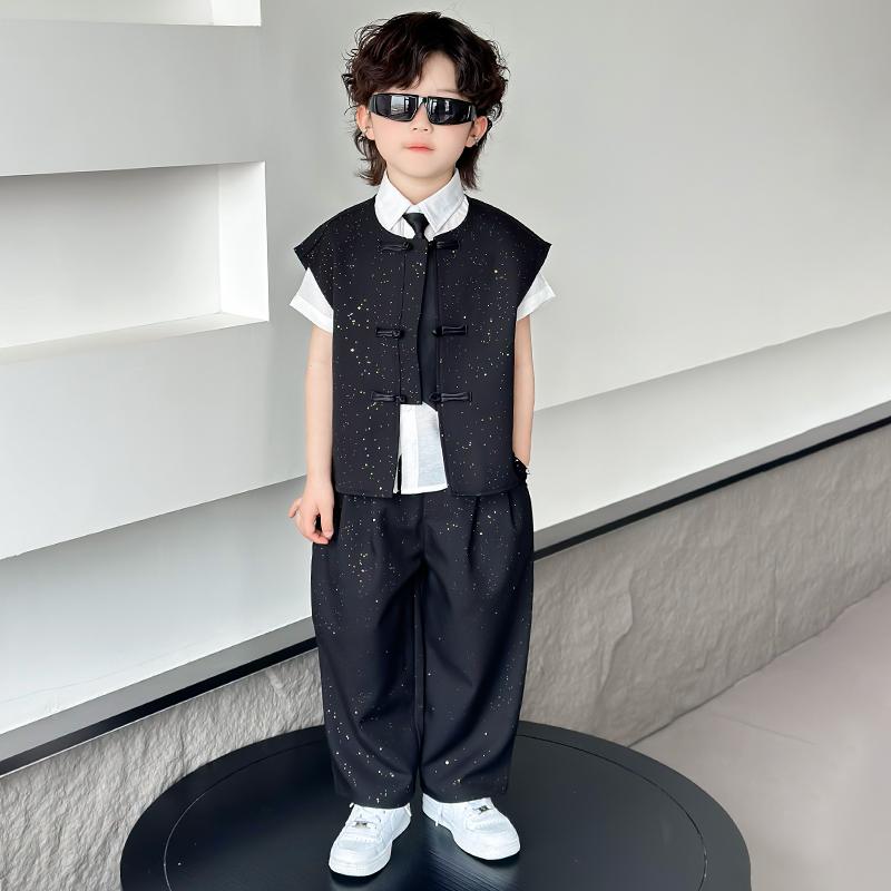 キッズ セットアップ 夏 男の子 チャイナ風 唐装 民族 子供 司会 レトロ パフォーマンス 衣装 漢服 演出 伝統 エスニック 薄手 ブラック ブラウン