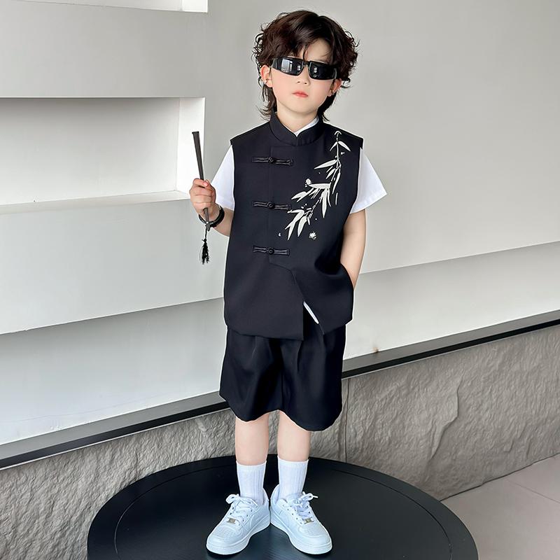 キッズ セットアップ 男の子 チャイナ風 唐装 夏 民族 レトロ 子供 司会 伝統 公演 衣装 イベント お祭り 薄手 半袖 シャツ ショート パンツ 黒 竹柄 ベージュ