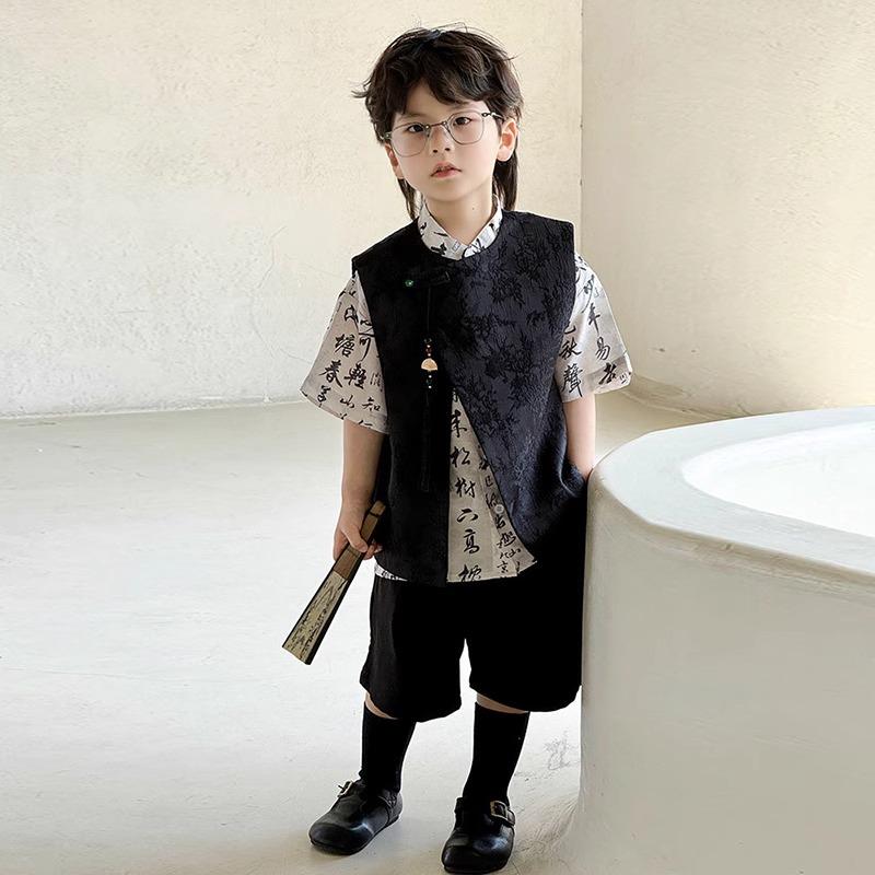 キッズ セットアップ 男の子 唐装 チャイナ風 ベスト 夏 高級感 民族 漢服 かっこいい 子供 モダン 公演 衣装 イベント