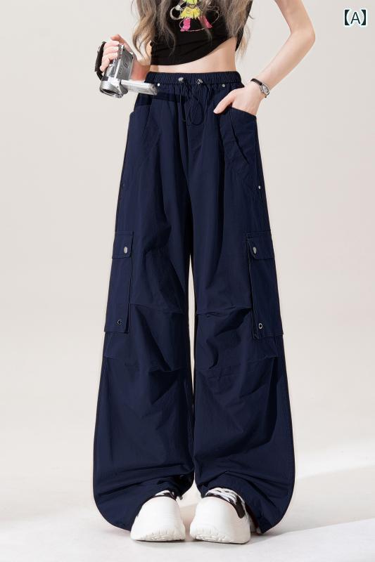 レディース パンツ ロング ワイドレッグ ゆったり ドローストリング マルチポケット 青 黒 白 濃ピンク ピンク オフホワイト カジュアル ストリート レトロ カーゴ