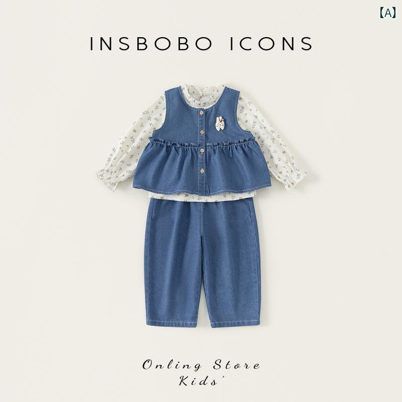 女の子 春 服 ガール デニム セットアップ スリーピース セット カジュアル ファッション 子供 ベビー 子供服