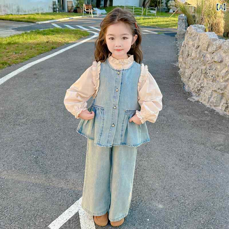 女の子 おしゃれ 春秋 レース デニムスーツ 子供用 ファッション セットアップ スリーピース セット キッズ 服