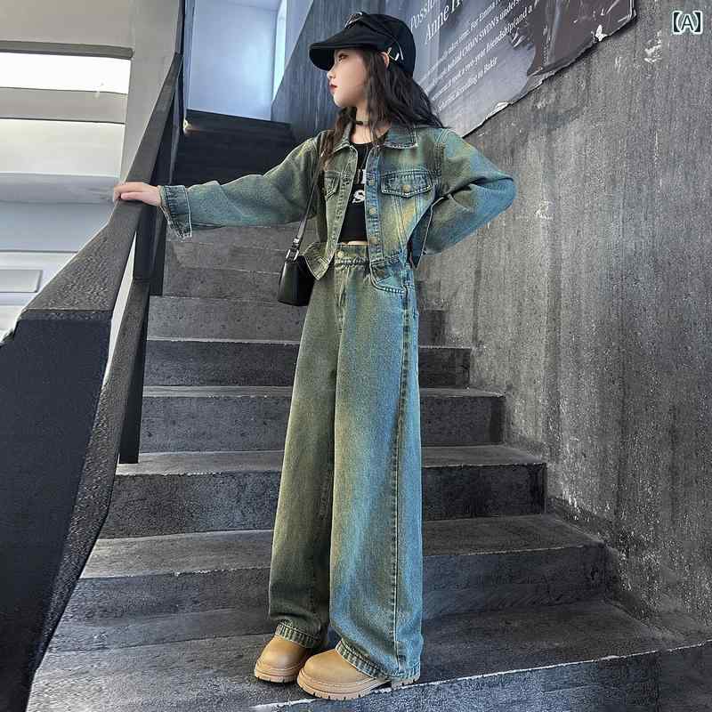 女の子 デニムスーツ 春秋 ガール 子供 カジュアル レトロ アメリカン 服 キッズ用 セットアップ ツーピース セット 5,001円