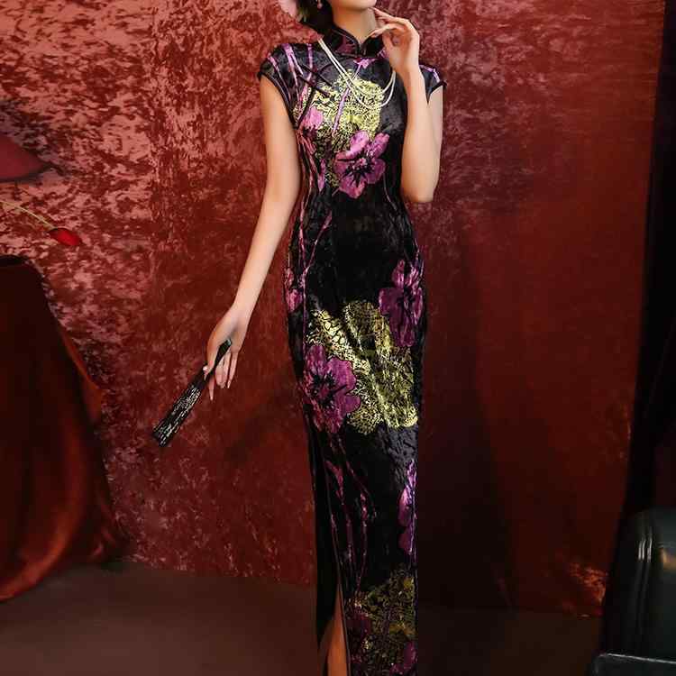 レディース チャイナドレス ロング ノースリーブ 濃紫 グレー 花柄 大輪 立ち襟 斜めラベル ハイスリット エレガント 上品 スタイリッシュ シック モダン おしゃれ