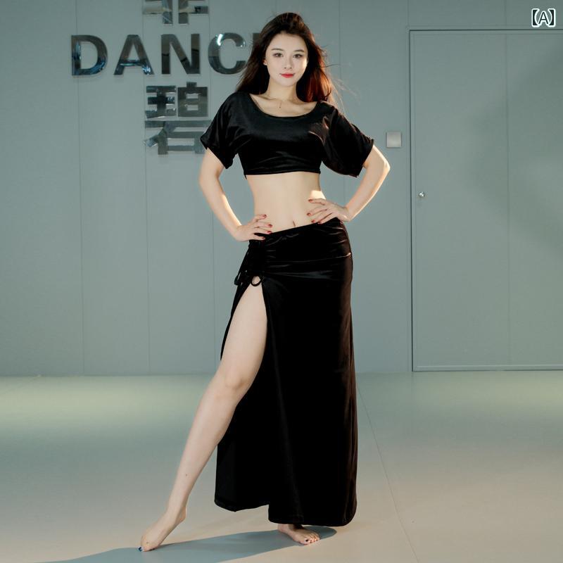 ベリー ダンス コスチューム ベロア 半袖 ショート丈 トップス ロング スリット スカート セット カジュアル 大きいサイズ セクシー オリエンタル パフォーマンス レディース 軽量 ソフト 練習用
