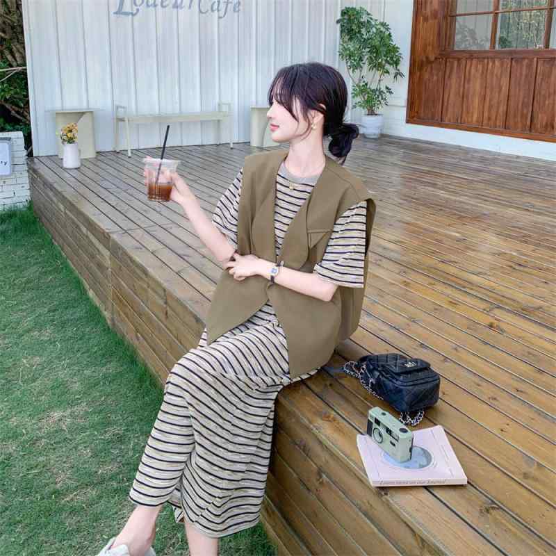 ワンピース 高級感 ベスト ストライプ 清楚感 キレイめ レディース モダン シンプル 夏 エレガント おしゃれ 大人カジュアル Tシャツ リラクシング 上品 モダン