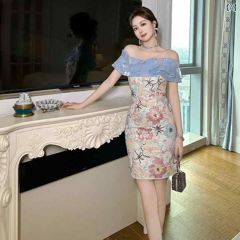 パーティードレス ワンピース きれいめ レディース 夏 女性 ウエスタンスタイル ワンショルダー オフショルダー スリムフィット 半袖 ドレス ノースリーブ