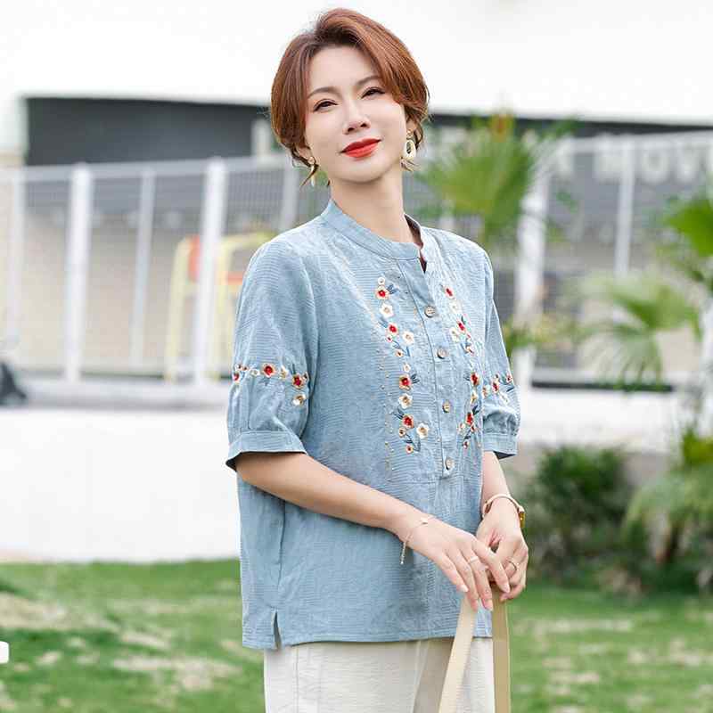 パンツスーツ シャツ ブラウス カジュアルセット ママ 夏 綿麻 刺・墸入り スーツ 夏型 女性 半袖 薄手 カジュアル ツーピース 通勤 休日 リゾート ママ友 お食事 デイリーユース｜ラ・グラーヌ