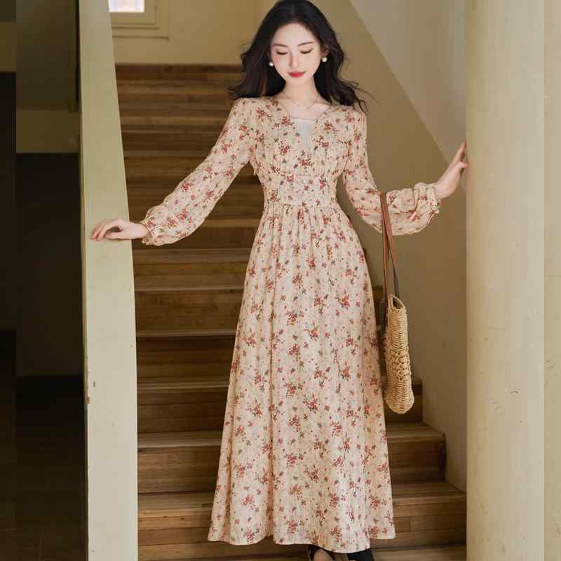 レディース ドレス ロング 長袖 ワンピース アイボリー オレンジ 小花柄 レトロ クラシック レース パッチワーク Vネック フローラル フレンチ ゴムウエスト フェミニン ドレッシー
