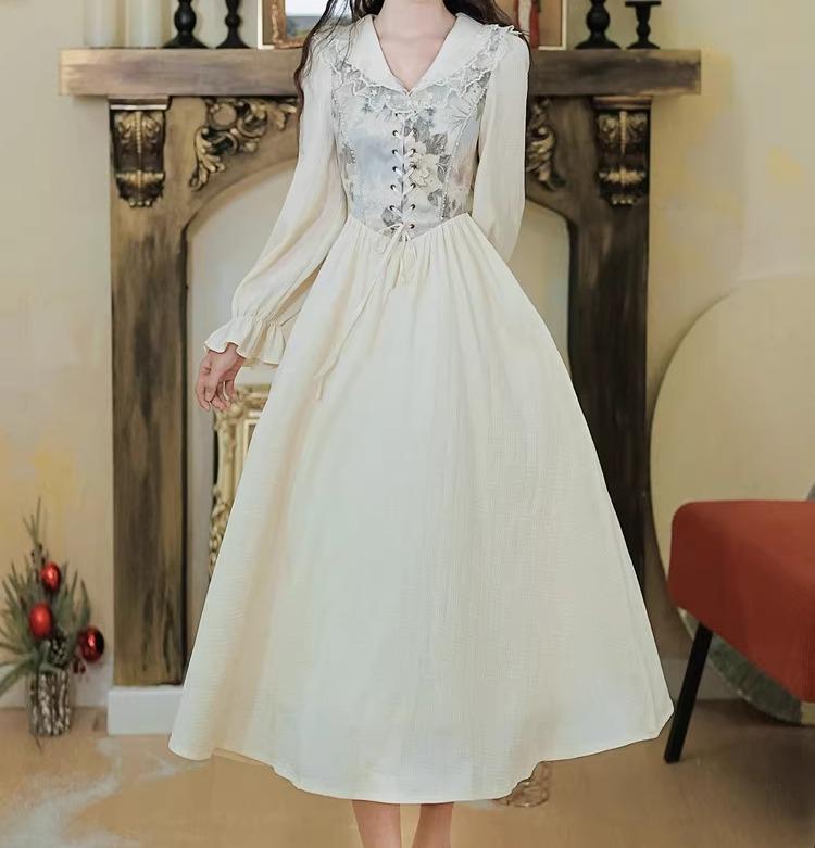 レディース ドレス ロング 長袖 アイボリー レース フリル ジャカード フローラル ステッチ レースアップ エレガント プリンセス ビッグスイング 上品 高貴 おしゃれ ロマンティック フェミニン
