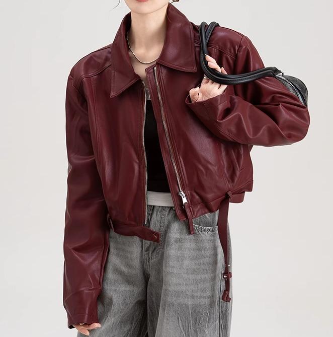 レディース ジャケット 長袖 アウター ショート丈 ワインレッド 黒 レトロ 襟 ジッパー ミニマル ヴィンテージ エレガント カジュアル ソフト スタイリッシュ おしゃれ｜ラ・グラーヌ