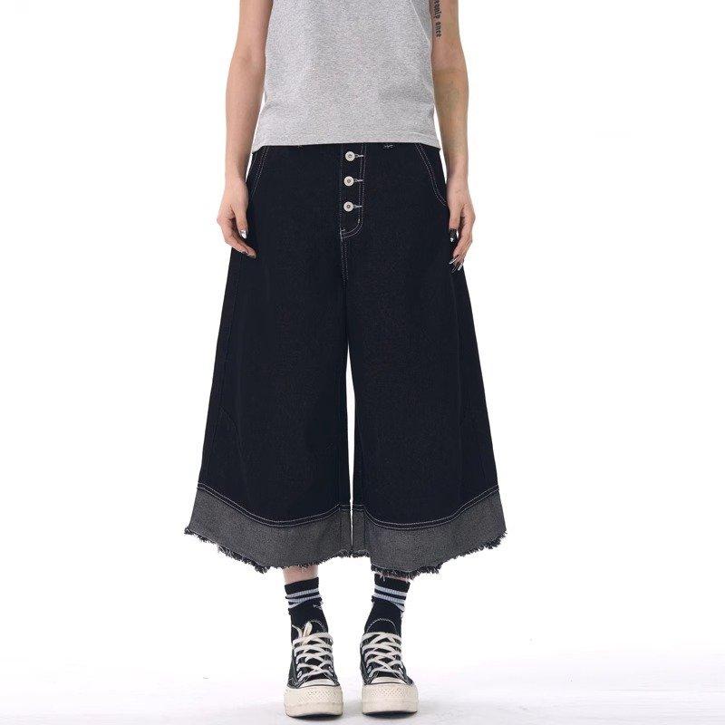 デニム パンツ レディース カジュアル レトロ エッジ クロップド 春夏 アメリカン ストリート ステッチ ショーツ