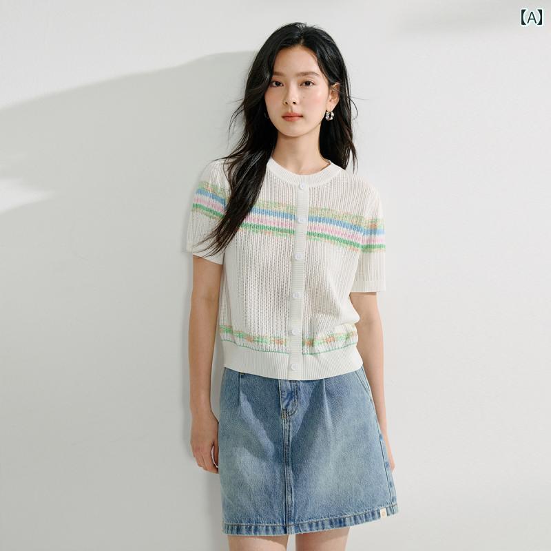 レディース トップス おしゃれ かわいい カジュアル 涼感 シンプル 薄手 ニット プルオーバー 夏 ラウンドネック 半袖｜ラ・グラーヌ