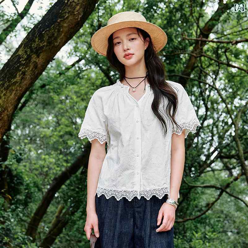 レディース トップ ブラウス シャツ おしゃれ かわいい カジュアル フェミニン デイリー 刺・墸 レース 夏 さわやか 半袖