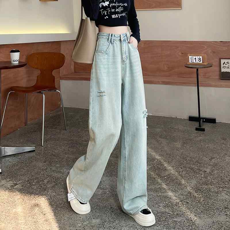 デニムパンツ レディース カジュアル 履きやすい ワイド レッグ ジーンズ ハイウエスト ドレープ ストレート フロアレングス