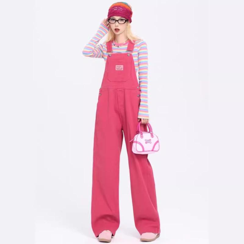 オーバーオール サロペット デニム パンツ レディース カジュアル アメリカン ピンク ドーパミン スタイル ゆったり レトロ ハイウエスト スリム ストレート ワイド レッグ