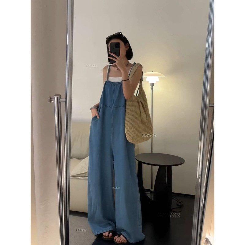 オーバーオール サロペット デニム パンツ レディース カジュアル レトロ 女性用 夏 ゆったり ワンピース 薄手 ワイド レッグ|ラ・グラーヌ